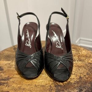 Vintage Thomas Wallace Black Leather Peep-Toe Slingback Heels